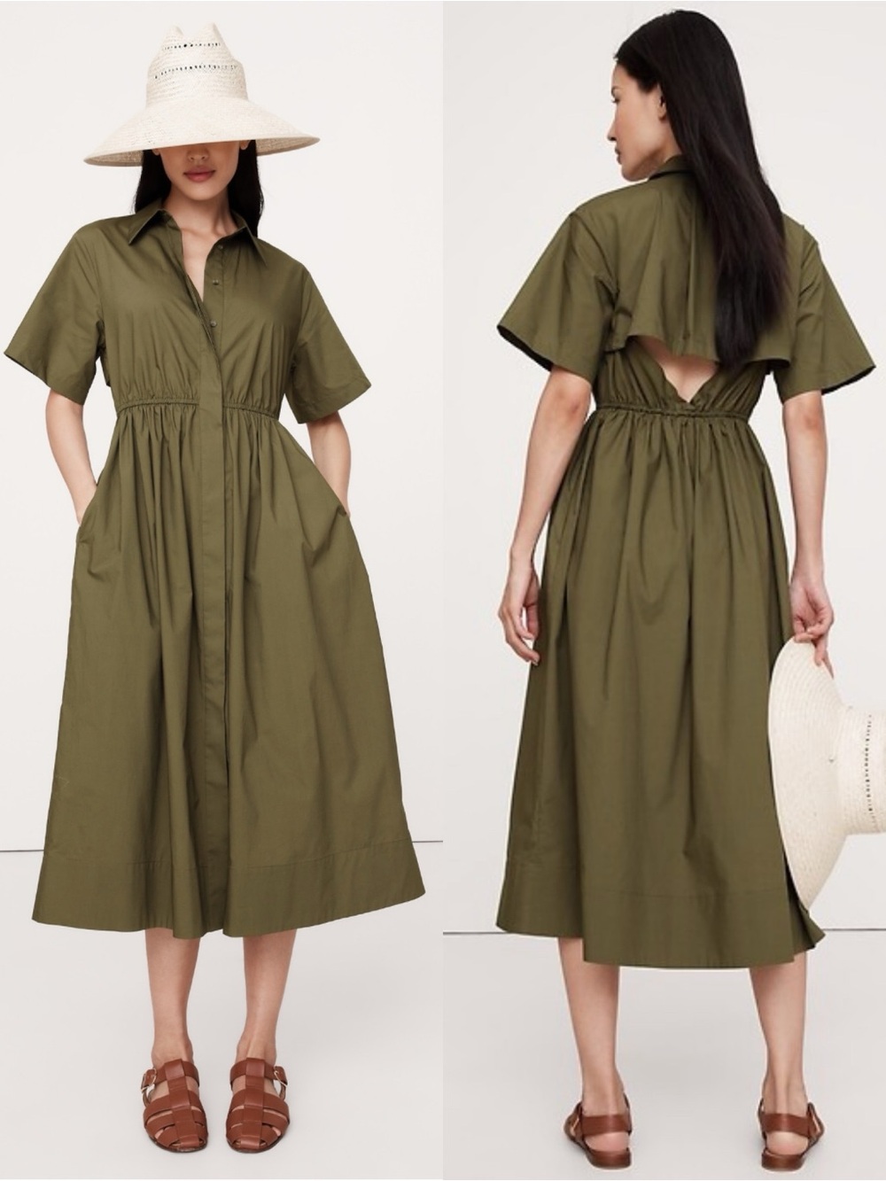 BANANA REPUBLIC Poplin Open-Back Shirt Dress in Olive | Size 0